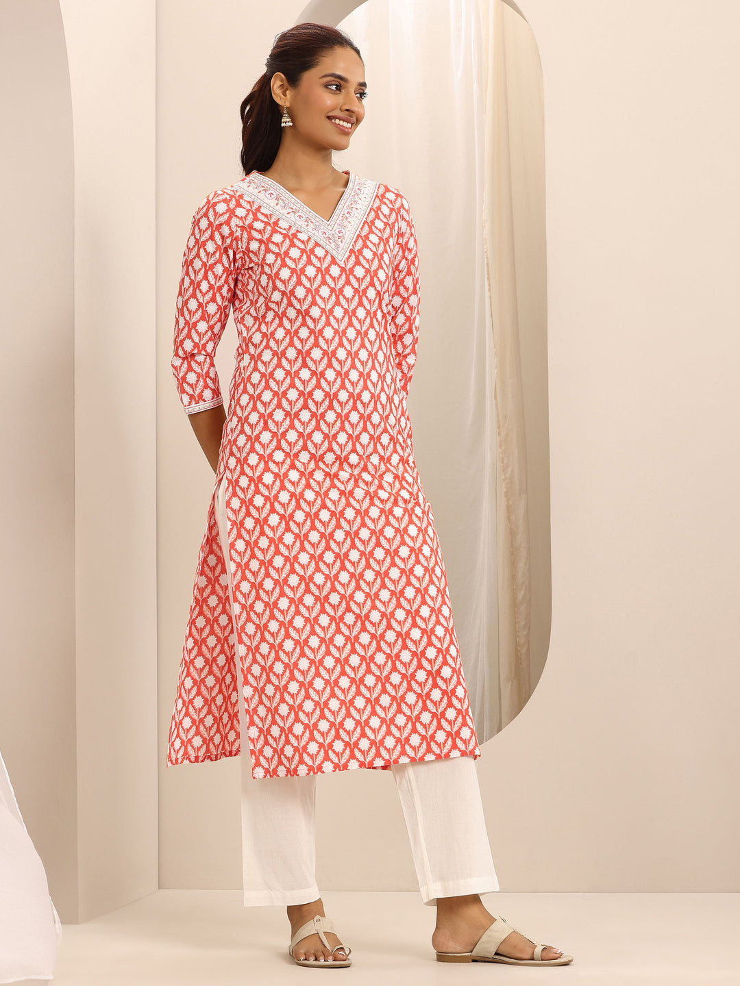 Orange Printed Cotton Blend Straight Suit Set With Dupatta