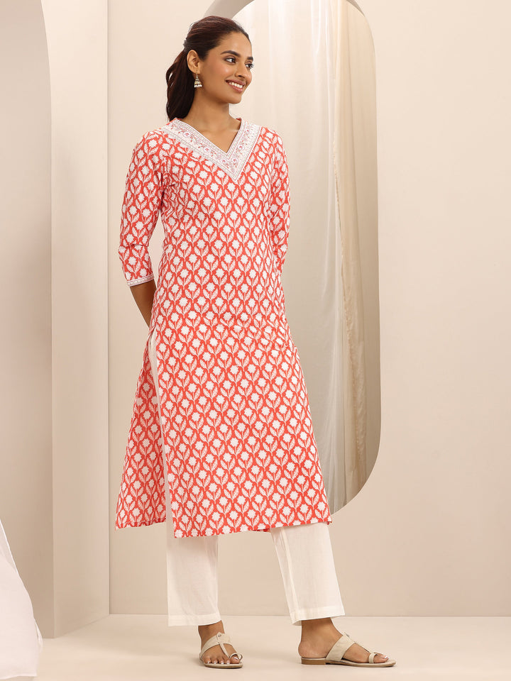Orange Printed Cotton Blend Straight Suit Set With Dupatta