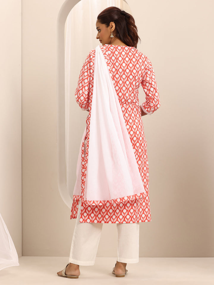 Orange Printed Cotton Blend Straight Suit Set With Dupatta