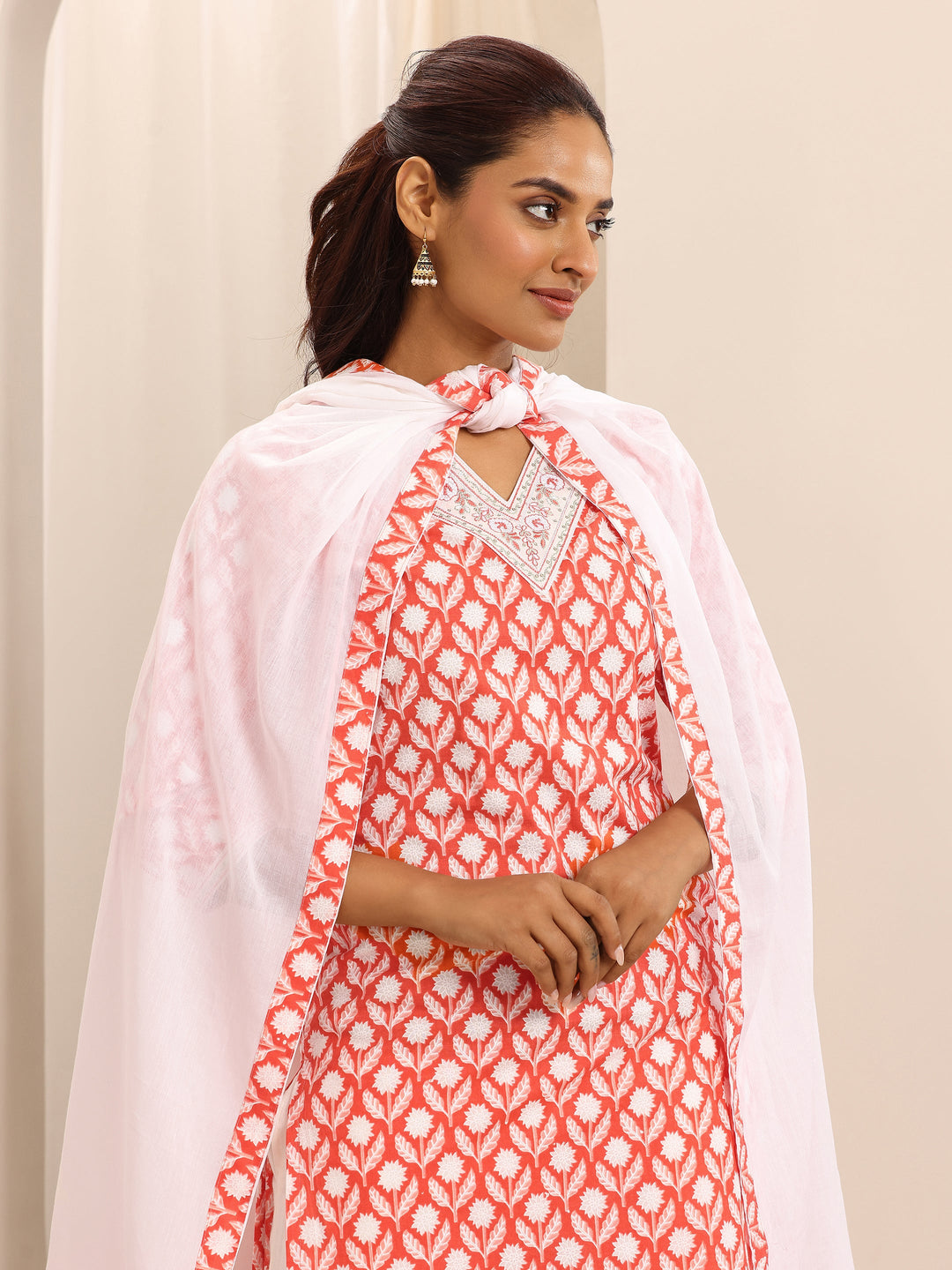 Orange Printed Cotton Blend Straight Suit Set With Dupatta