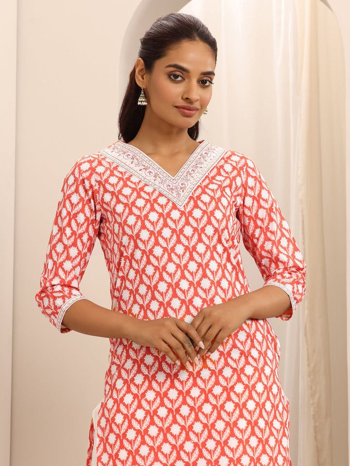 Orange Printed Cotton Blend Straight Suit Set With Dupatta