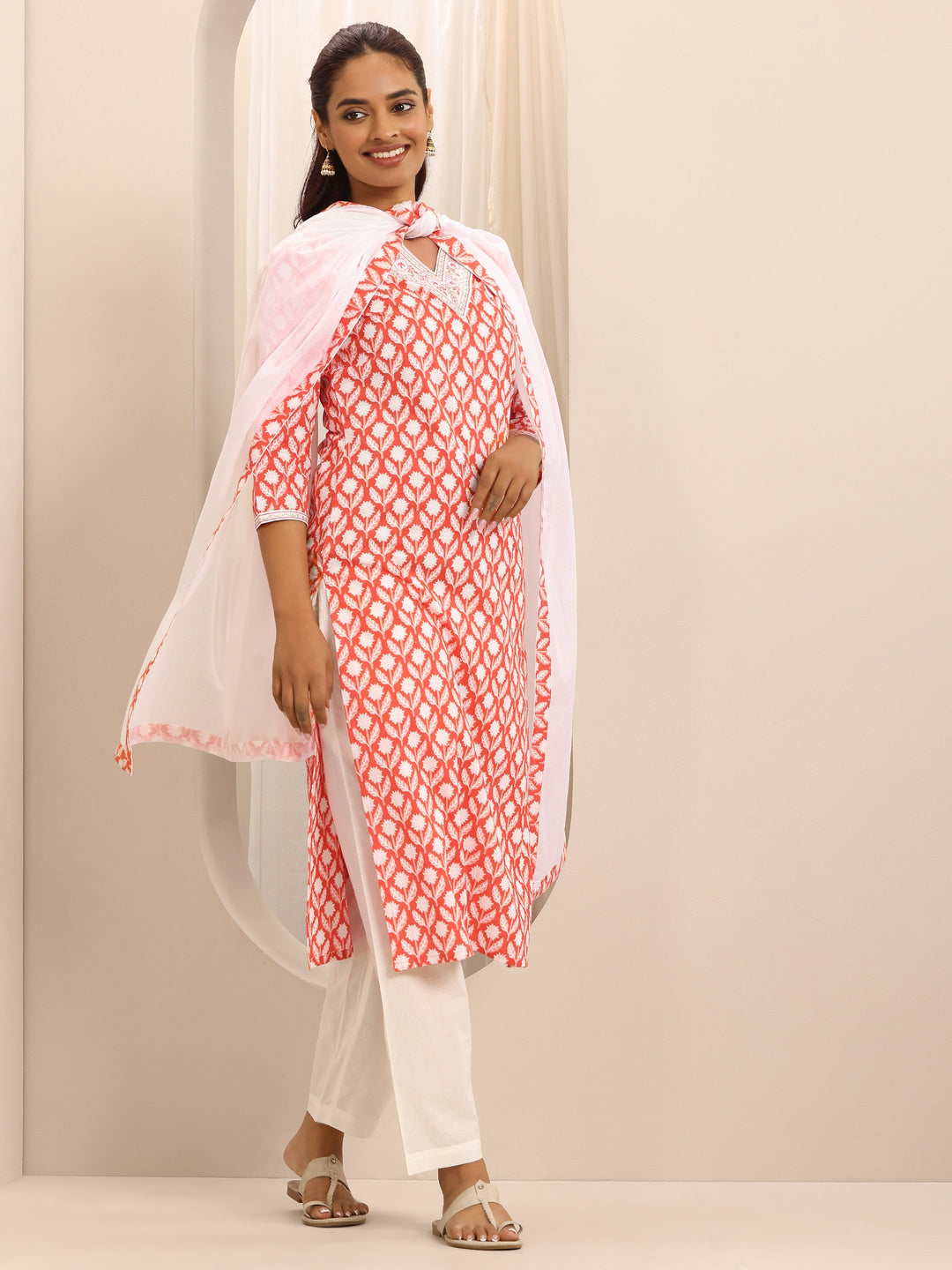 Orange Printed Cotton Blend Straight Suit Set With Dupatta