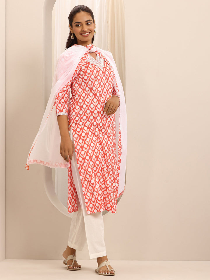Orange Printed Cotton Blend Straight Suit Set With Dupatta