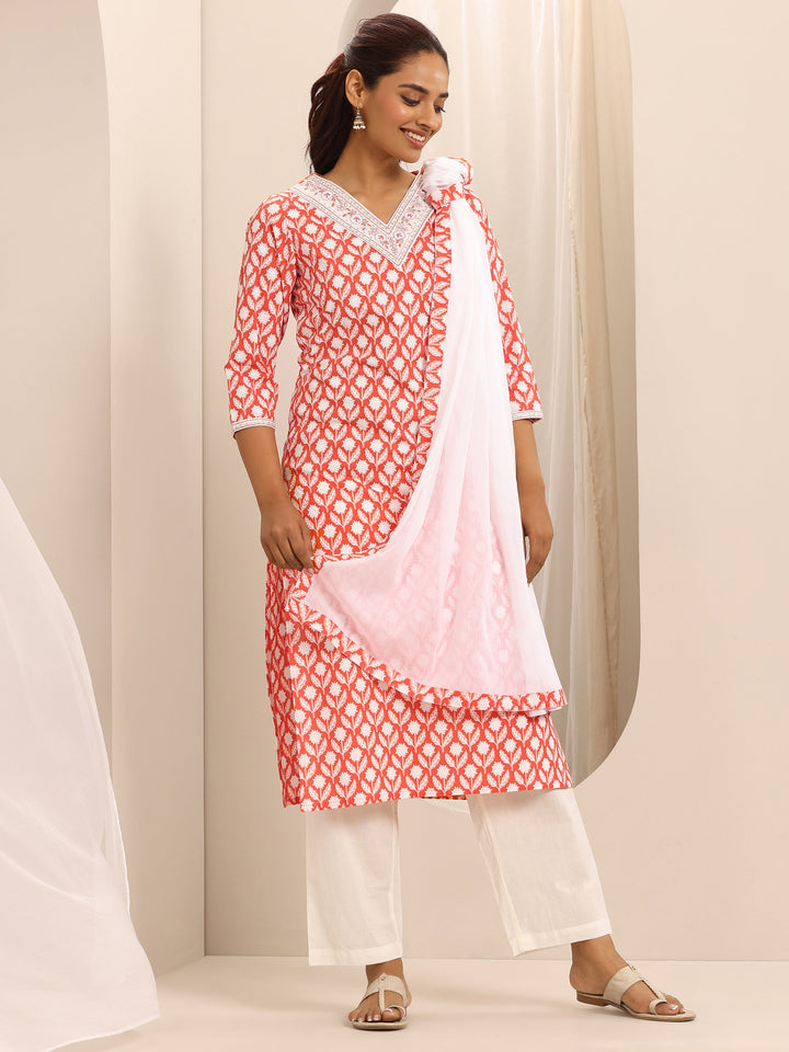 Orange Printed Cotton Blend Straight Suit Set With Dupatta
