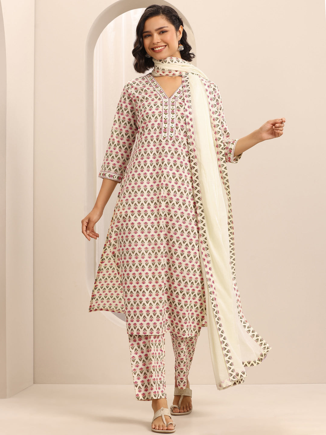 White Printed Cotton Blend Straight Suit Set With Dupatta