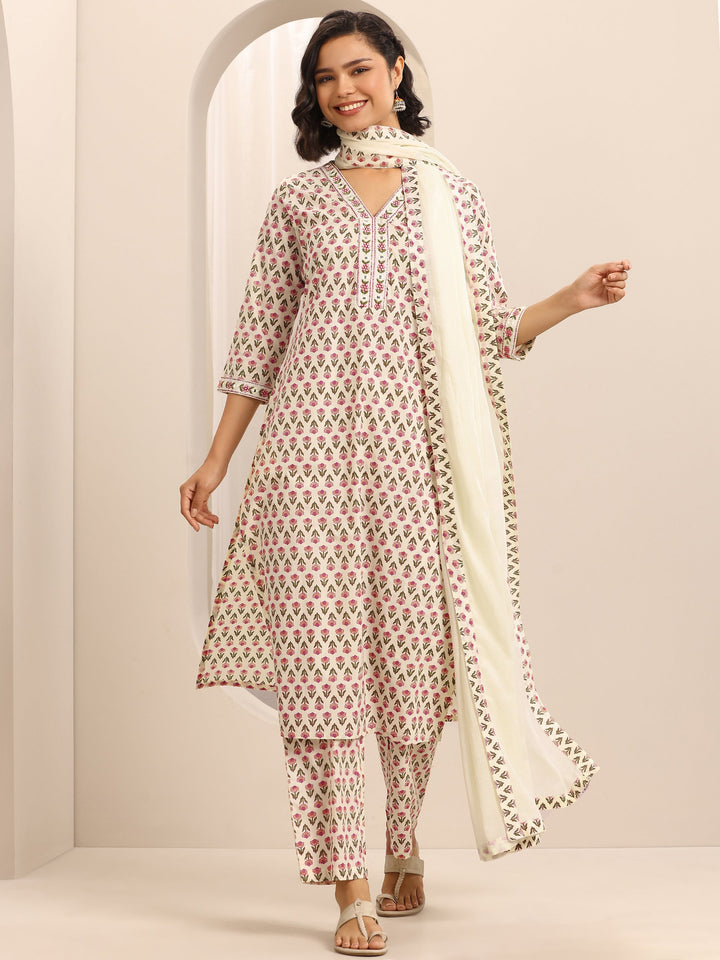 White Printed Cotton Blend Straight Suit Set With Dupatta