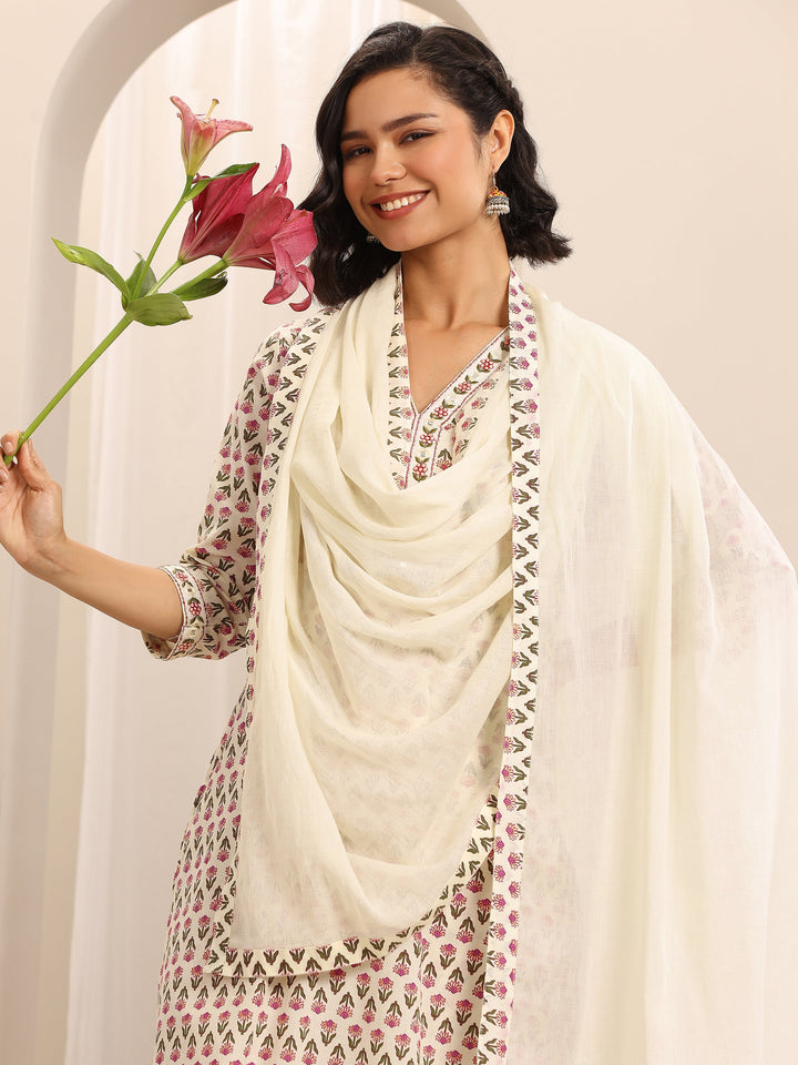 White Printed Cotton Blend Straight Suit Set With Dupatta
