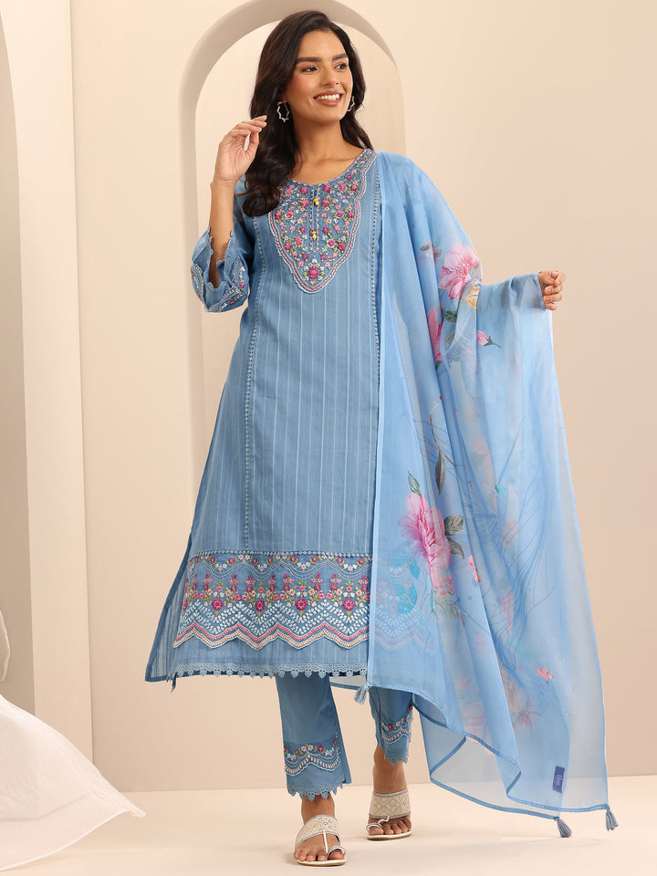 Blue Embroidered Cotton Blend A-line Suit Set With Dupatta