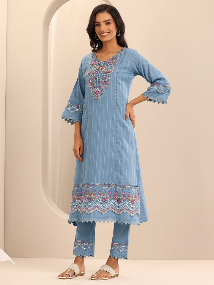 Blue Embroidered Cotton Blend A-line Suit Set With Dupatta