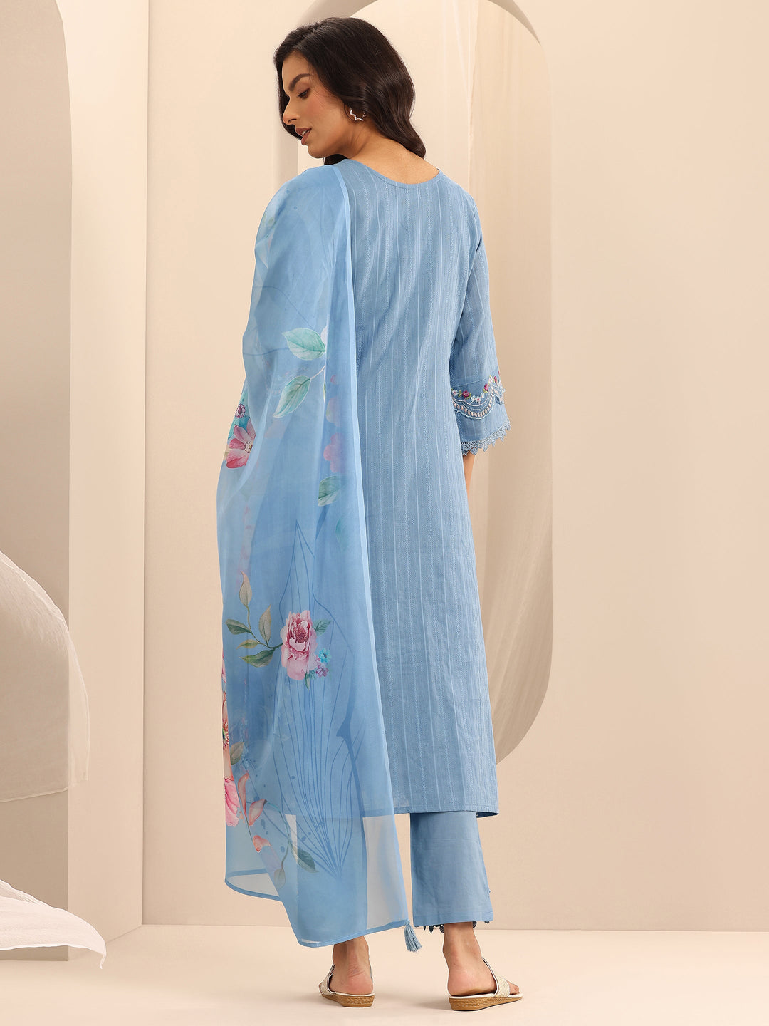 Blue Embroidered Cotton Blend A-line Suit Set With Dupatta