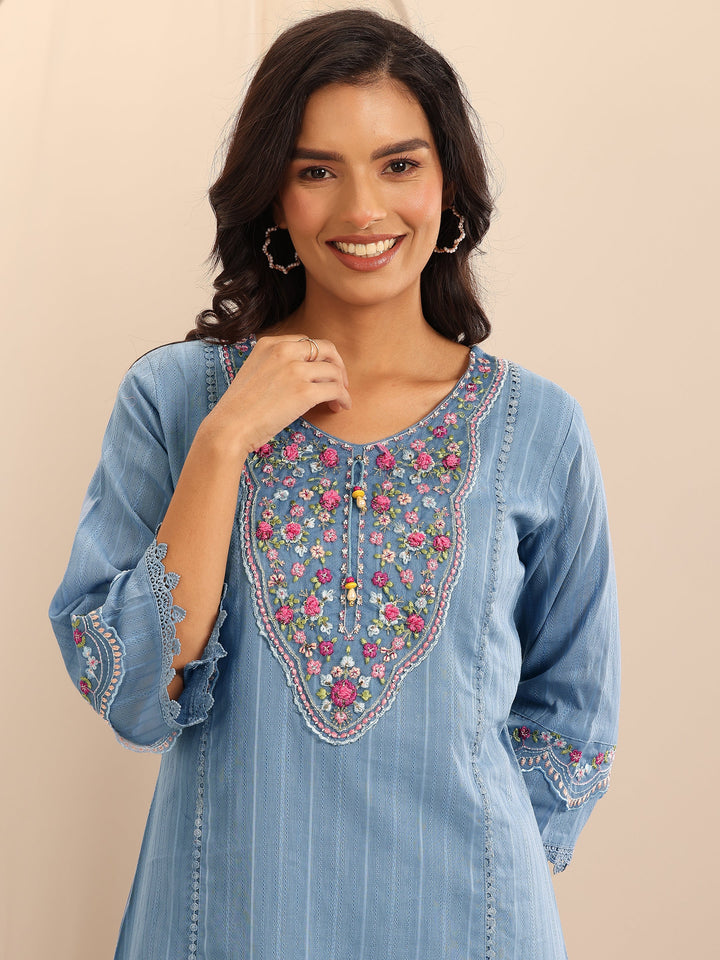 Blue Embroidered Cotton Blend A-line Suit Set With Dupatta