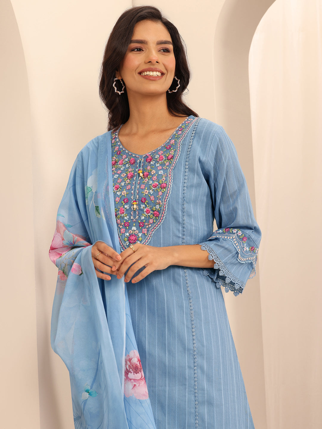 Blue Embroidered Cotton Blend A-line Suit Set With Dupatta