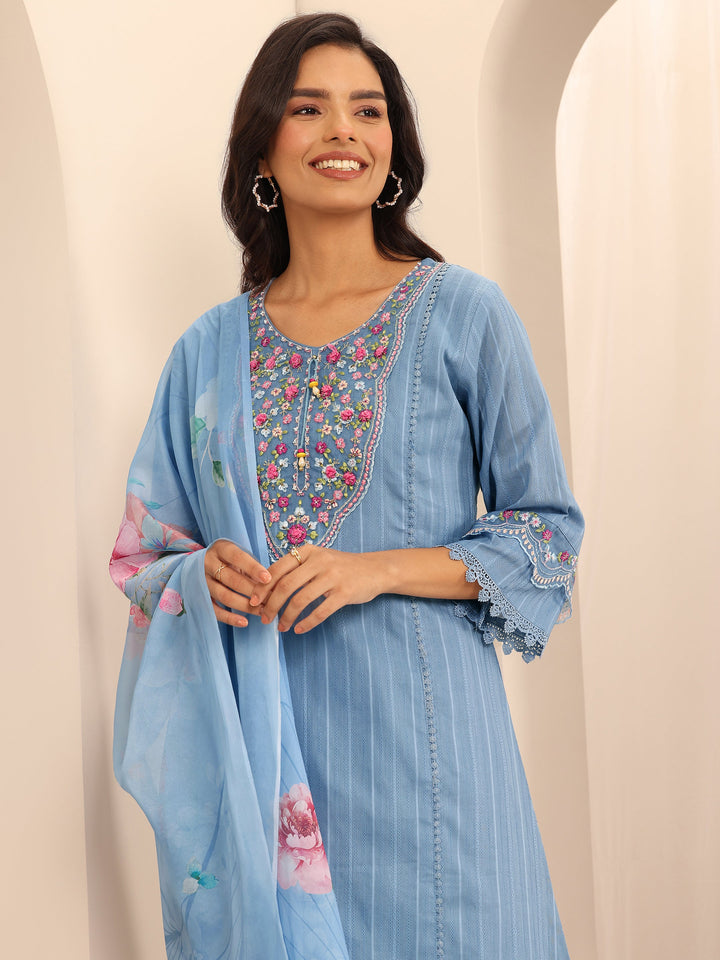 Blue Embroidered Cotton Blend A-line Suit Set With Dupatta