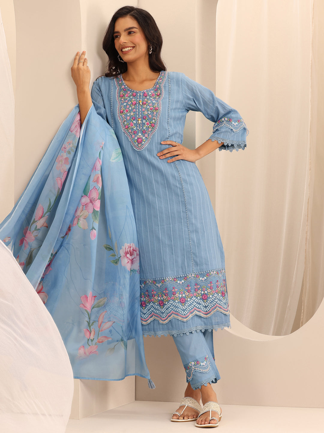 Blue Embroidered Cotton Blend A-line Suit Set With Dupatta