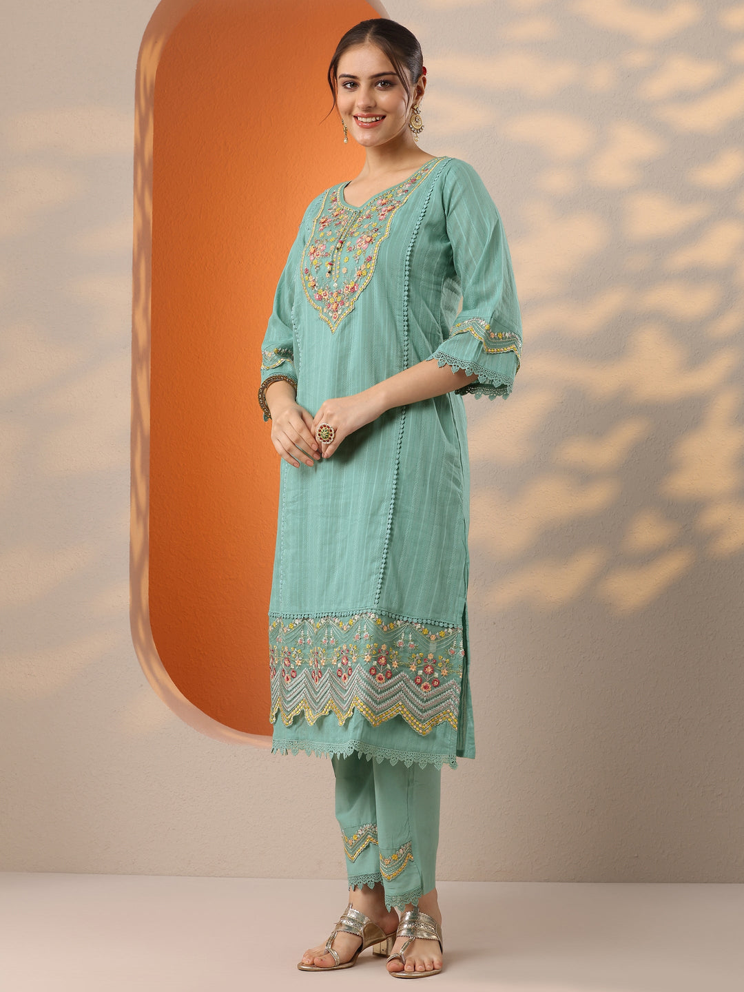 Turquoise blue Embroidered Cotton Blend A-line Suit Set With Dupatta