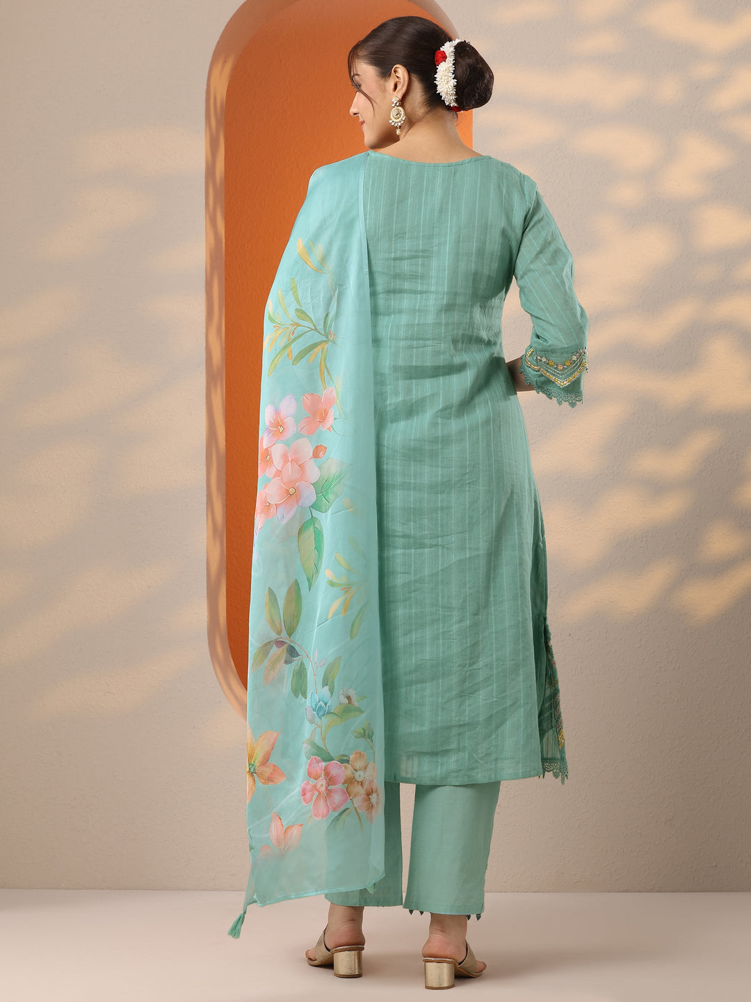 Turquoise blue Embroidered Cotton Blend A-line Suit Set With Dupatta