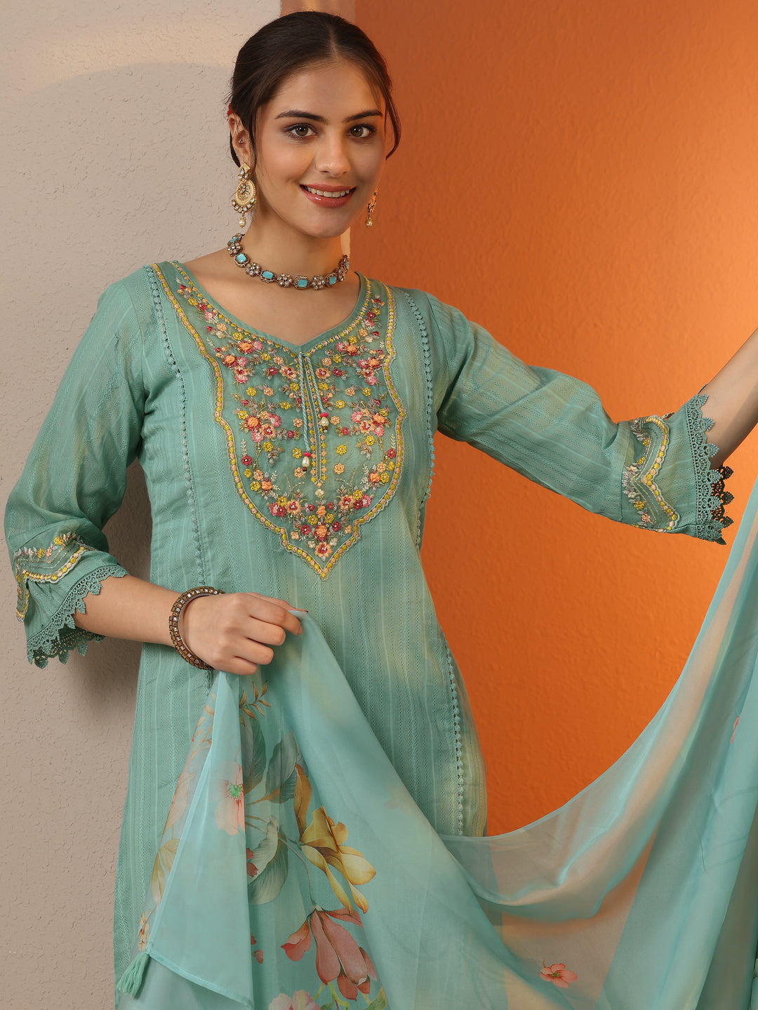 Turquoise blue Embroidered Cotton Blend A-line Suit Set With Dupatta