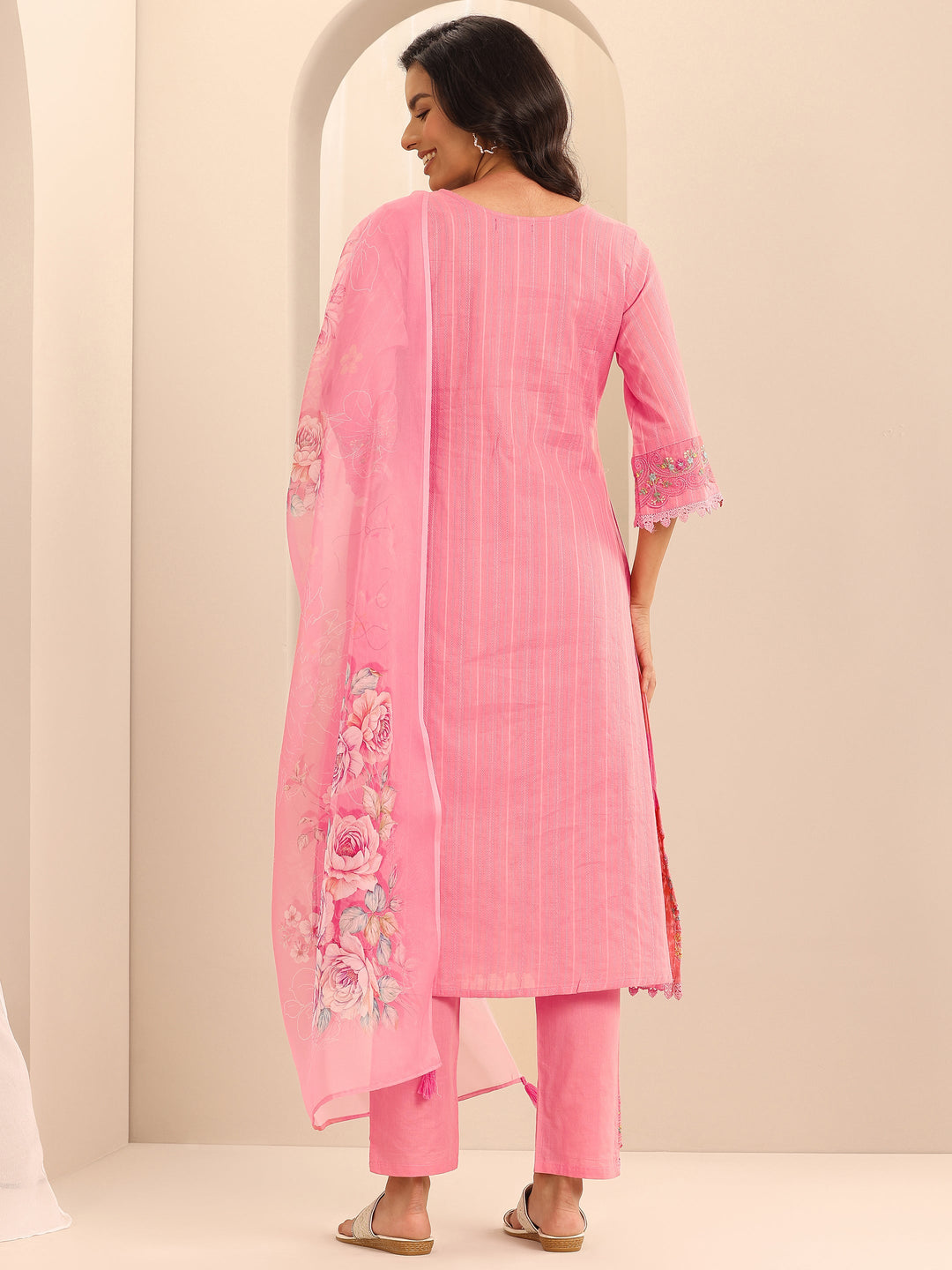 Peach Embroidered Cotton Blend A-line Suit Set With Dupatta
