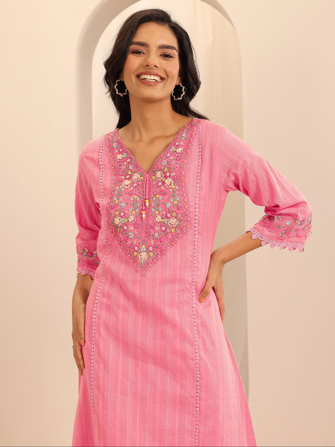 Peach Embroidered Cotton Blend A-line Suit Set With Dupatta