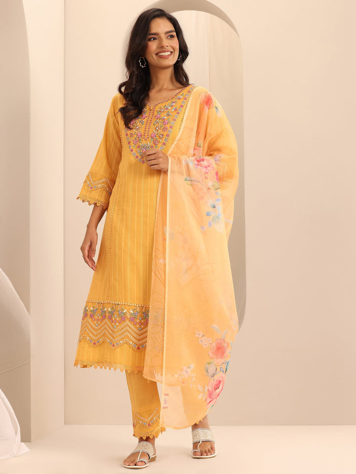 Mustard Embroidered Cotton Blend A-line Suit Set With Dupatta