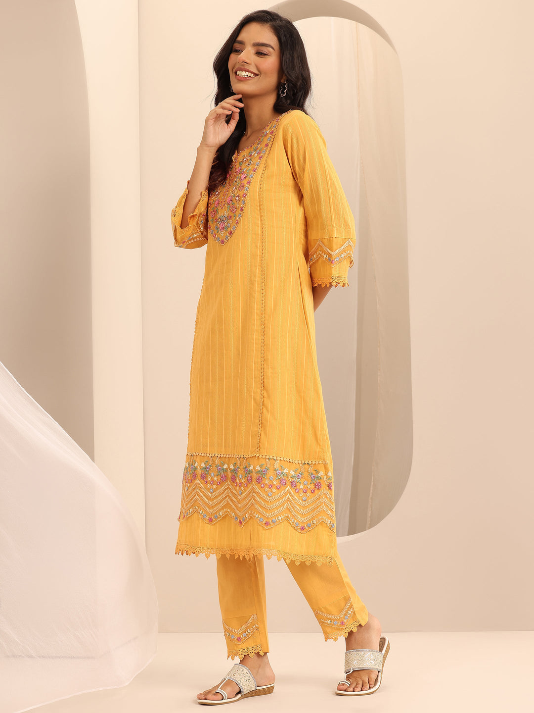 Mustard Embroidered Cotton Blend A-line Suit Set With Dupatta