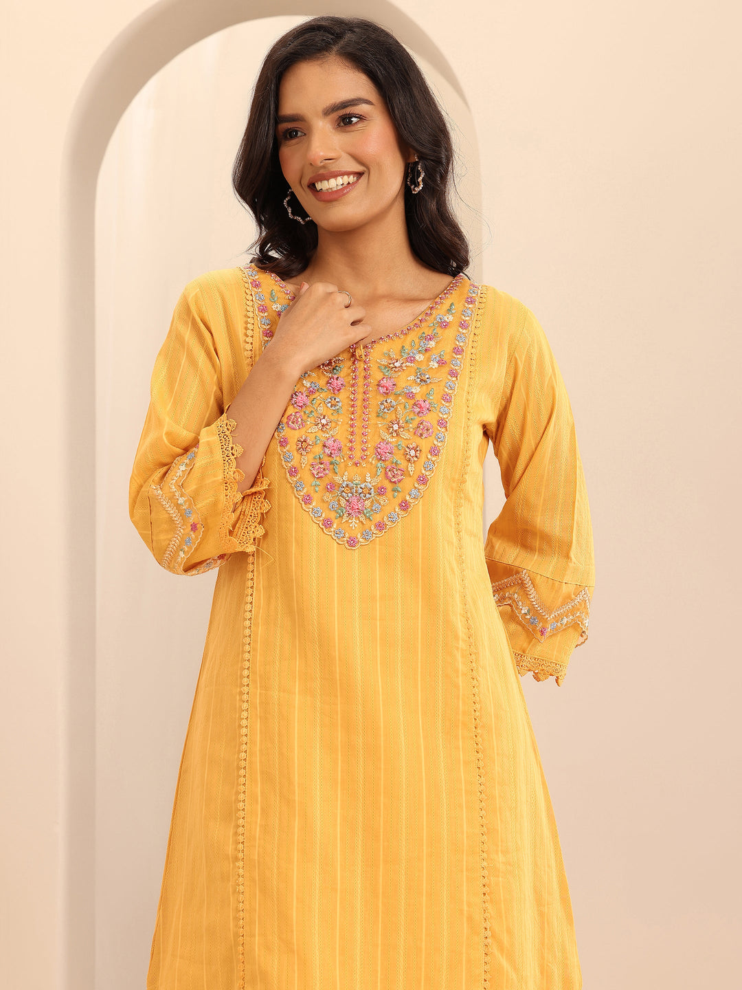 Mustard Embroidered Cotton Blend A-line Suit Set With Dupatta