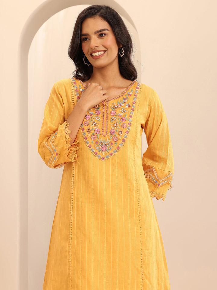 Mustard Embroidered Cotton Blend A-line Suit Set With Dupatta