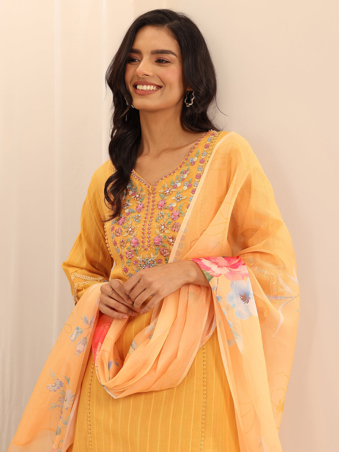Mustard Embroidered Cotton Blend A-line Suit Set With Dupatta
