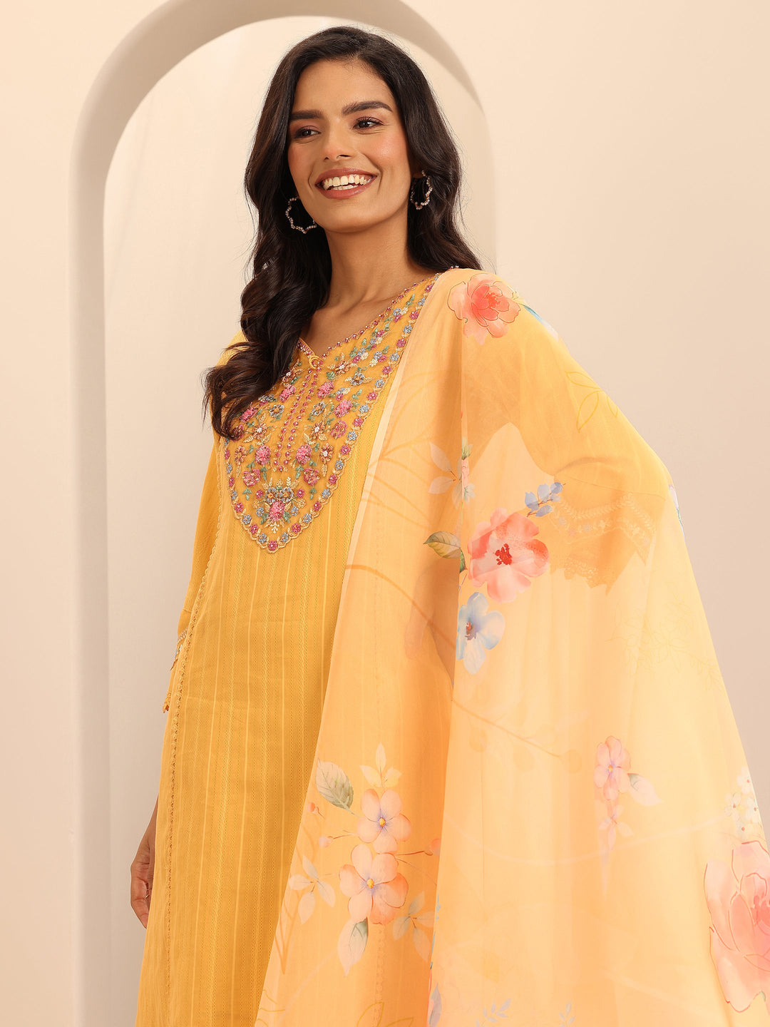 Mustard Embroidered Cotton Blend A-line Suit Set With Dupatta