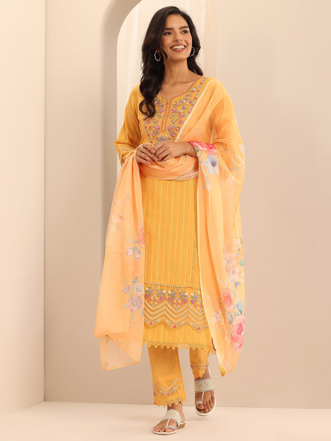 Mustard Embroidered Cotton Blend A-line Suit Set With Dupatta