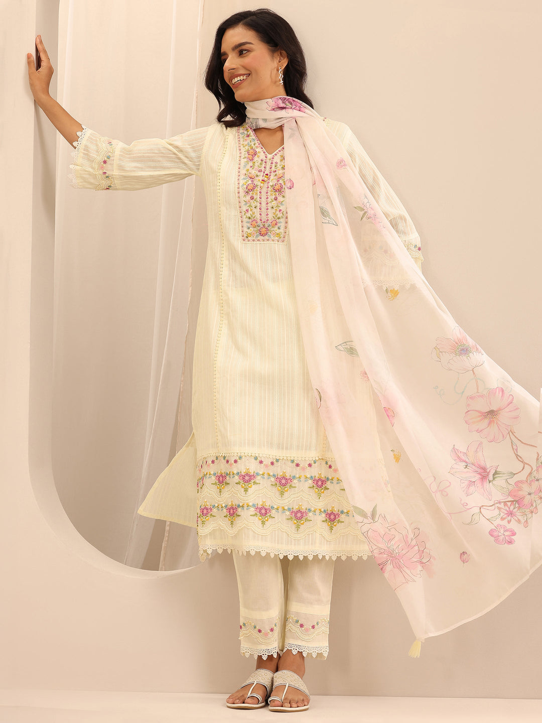 Off white Embroidered Cotton Blend A-line Suit Set With Dupatta