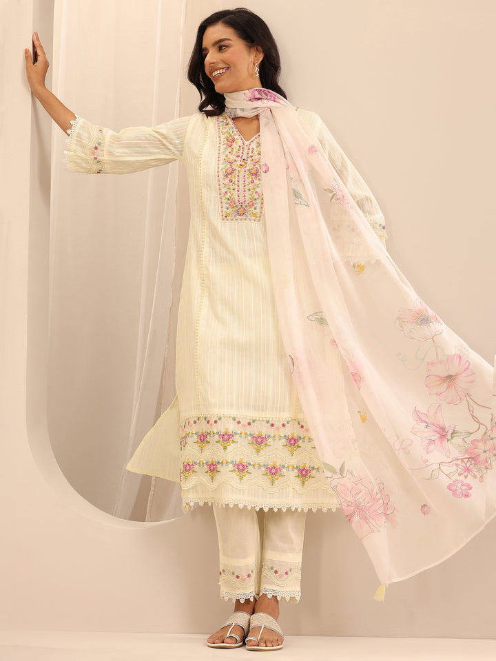Off white Embroidered Cotton Blend A-line Suit Set With Dupatta