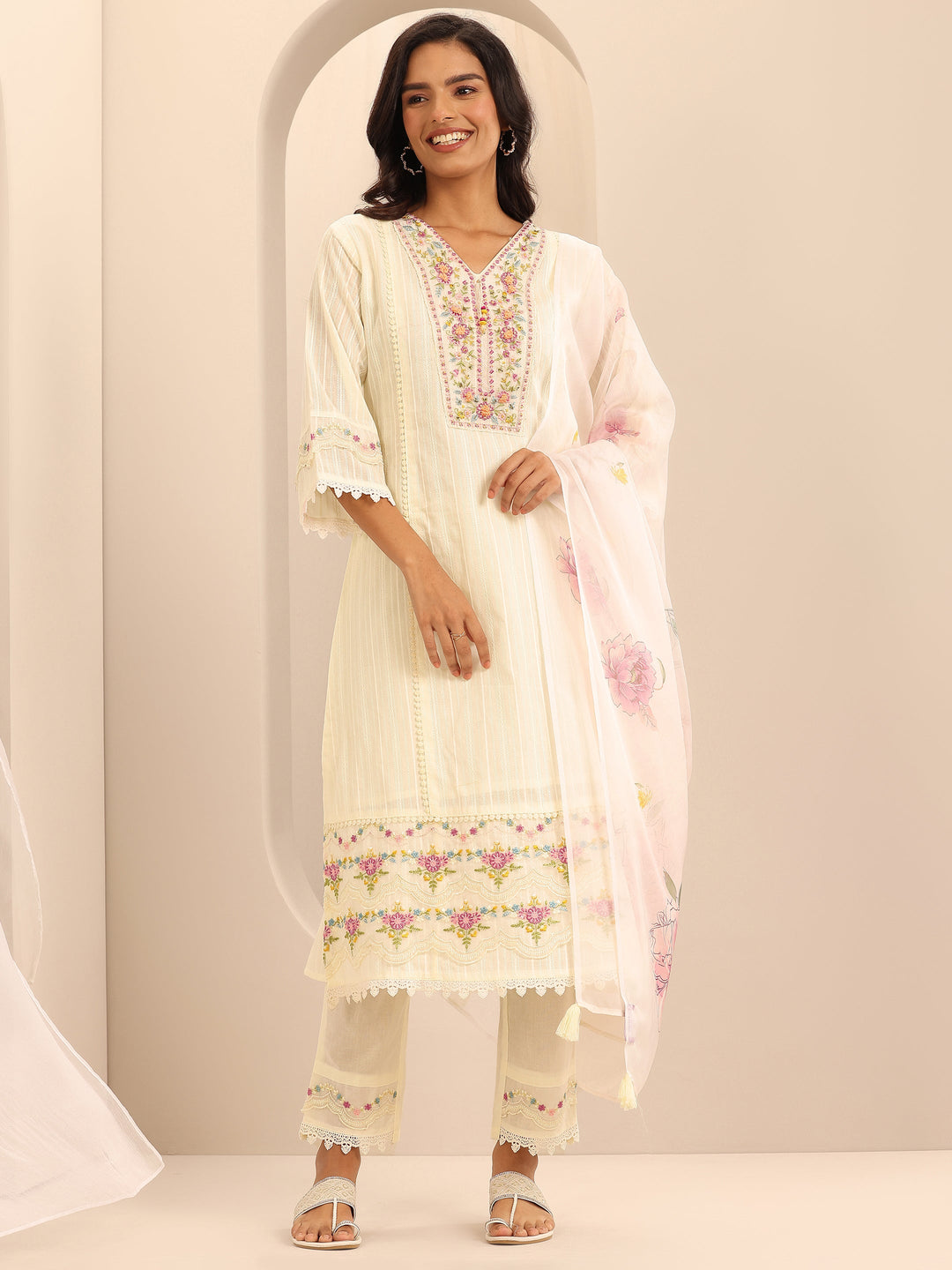 Off white Embroidered Cotton Blend A-line Suit Set With Dupatta