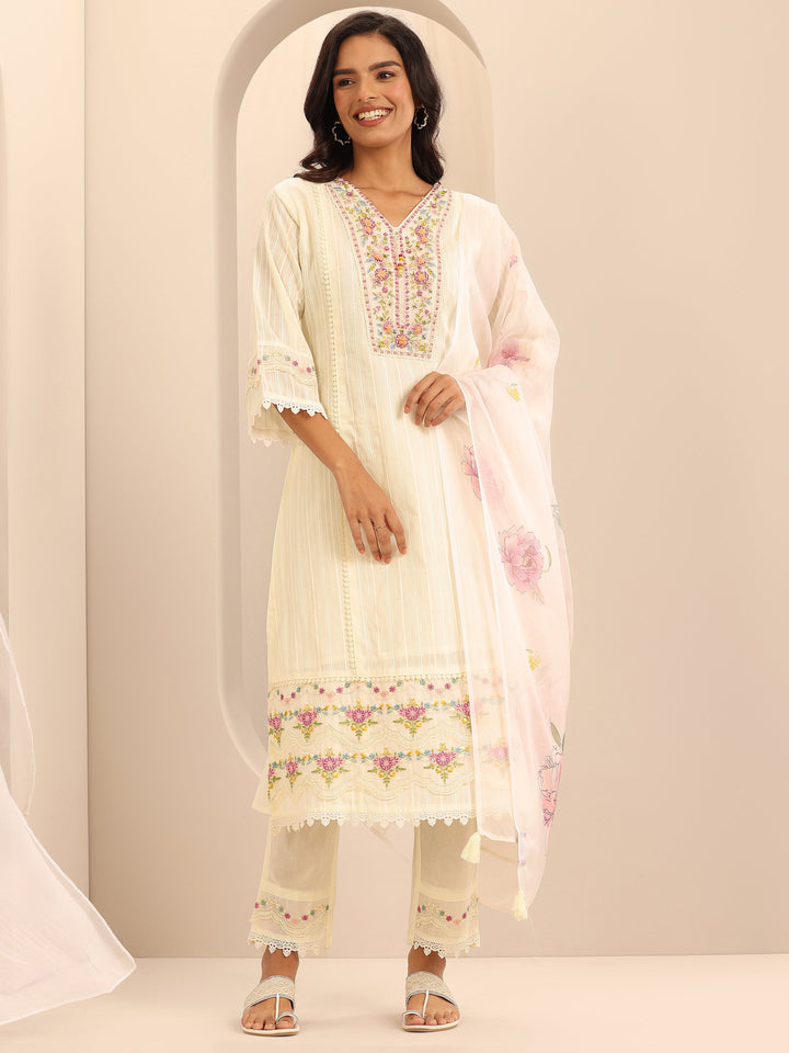 Off white Embroidered Cotton Blend A-line Suit Set With Dupatta