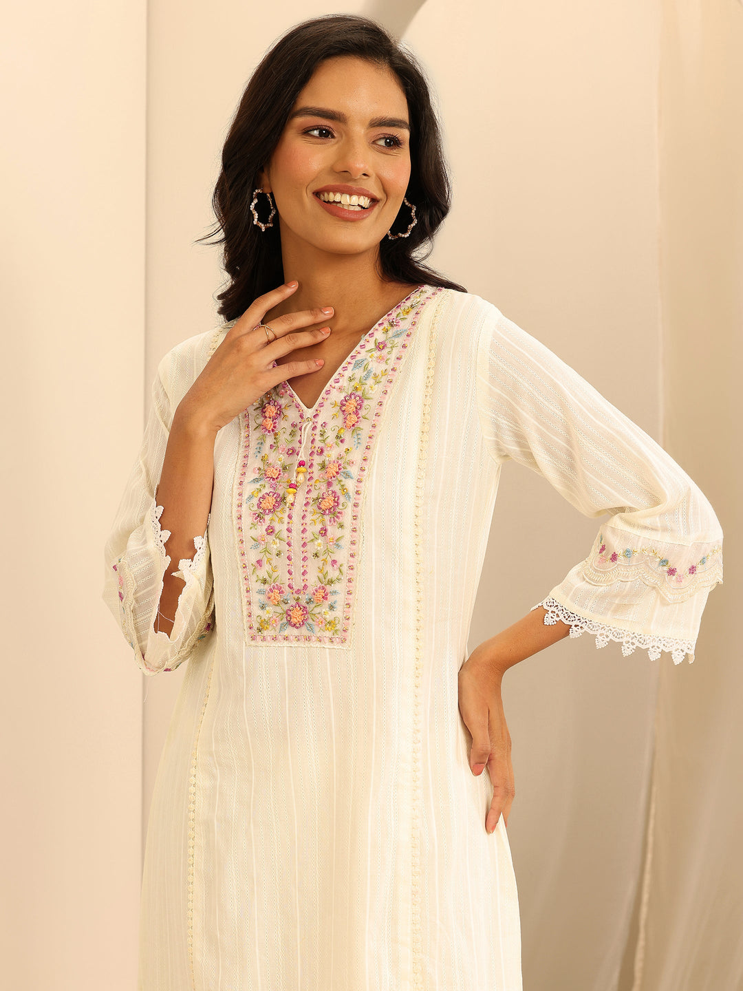 Off white Embroidered Cotton Blend A-line Suit Set With Dupatta