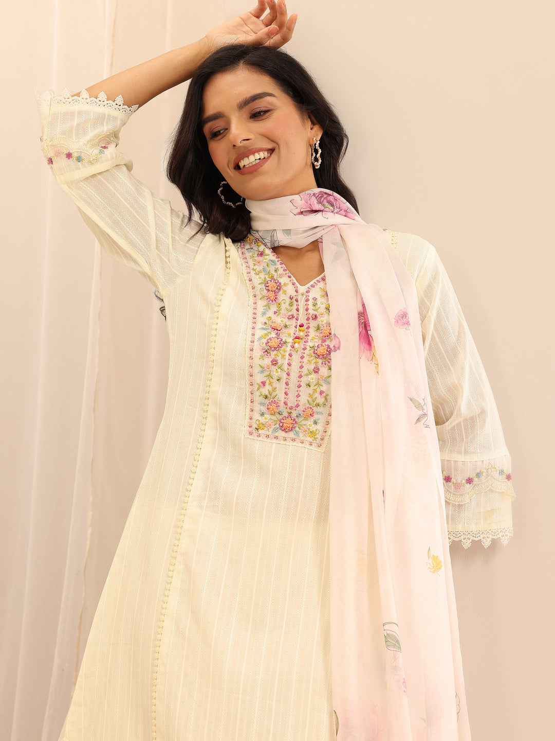 Off white Embroidered Cotton Blend A-line Suit Set With Dupatta