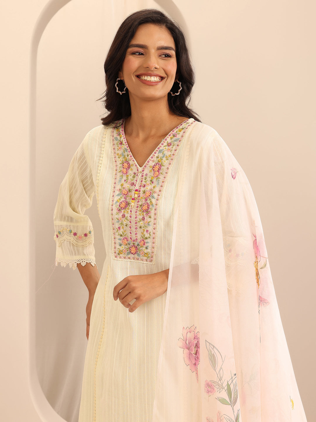 Off white Embroidered Cotton Blend A-line Suit Set With Dupatta