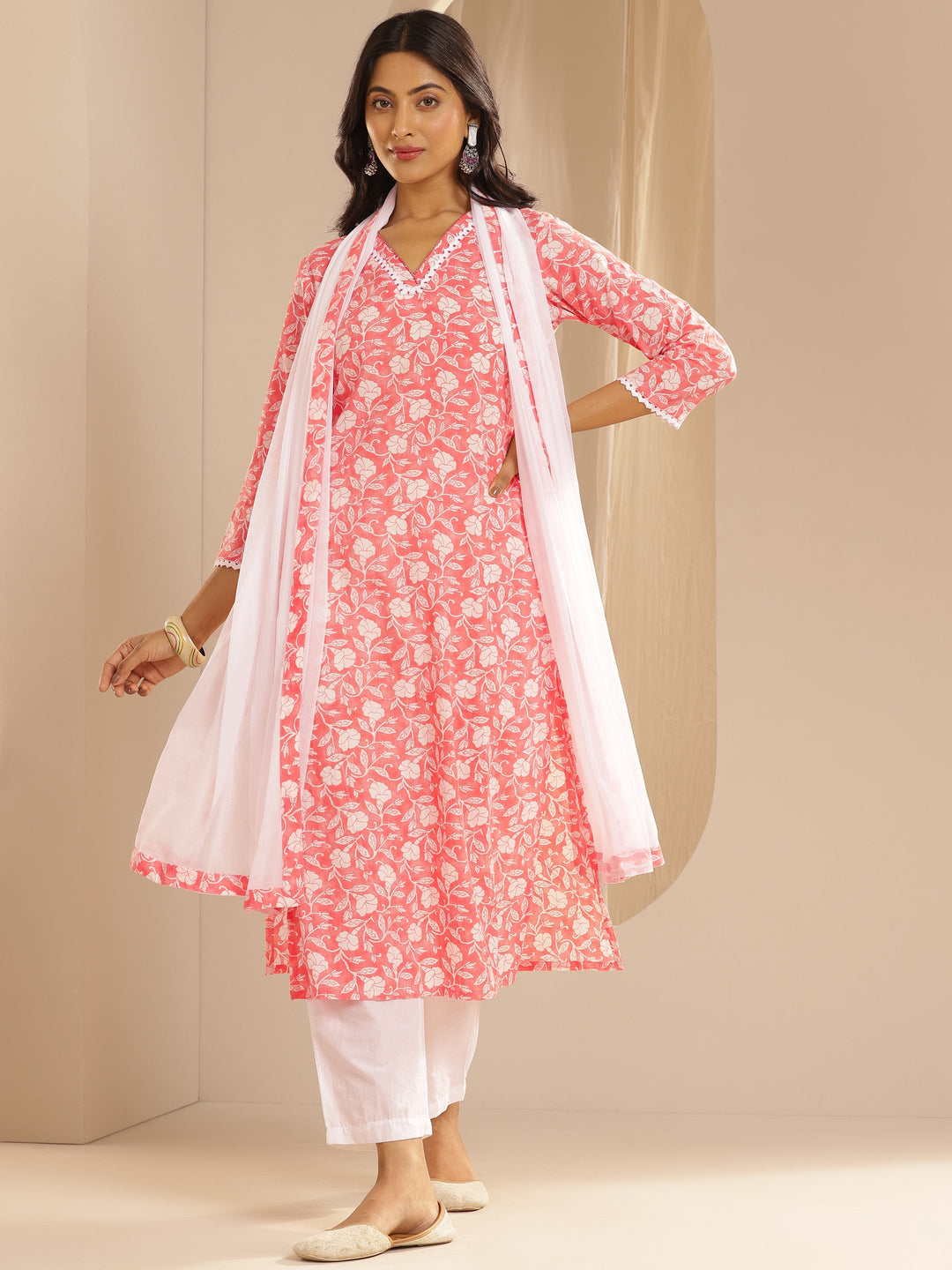 Peach Printed Cotton Straight Suit Set With Dupatta