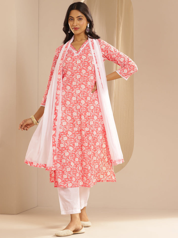 Peach Printed Cotton Straight Suit Set With Dupatta