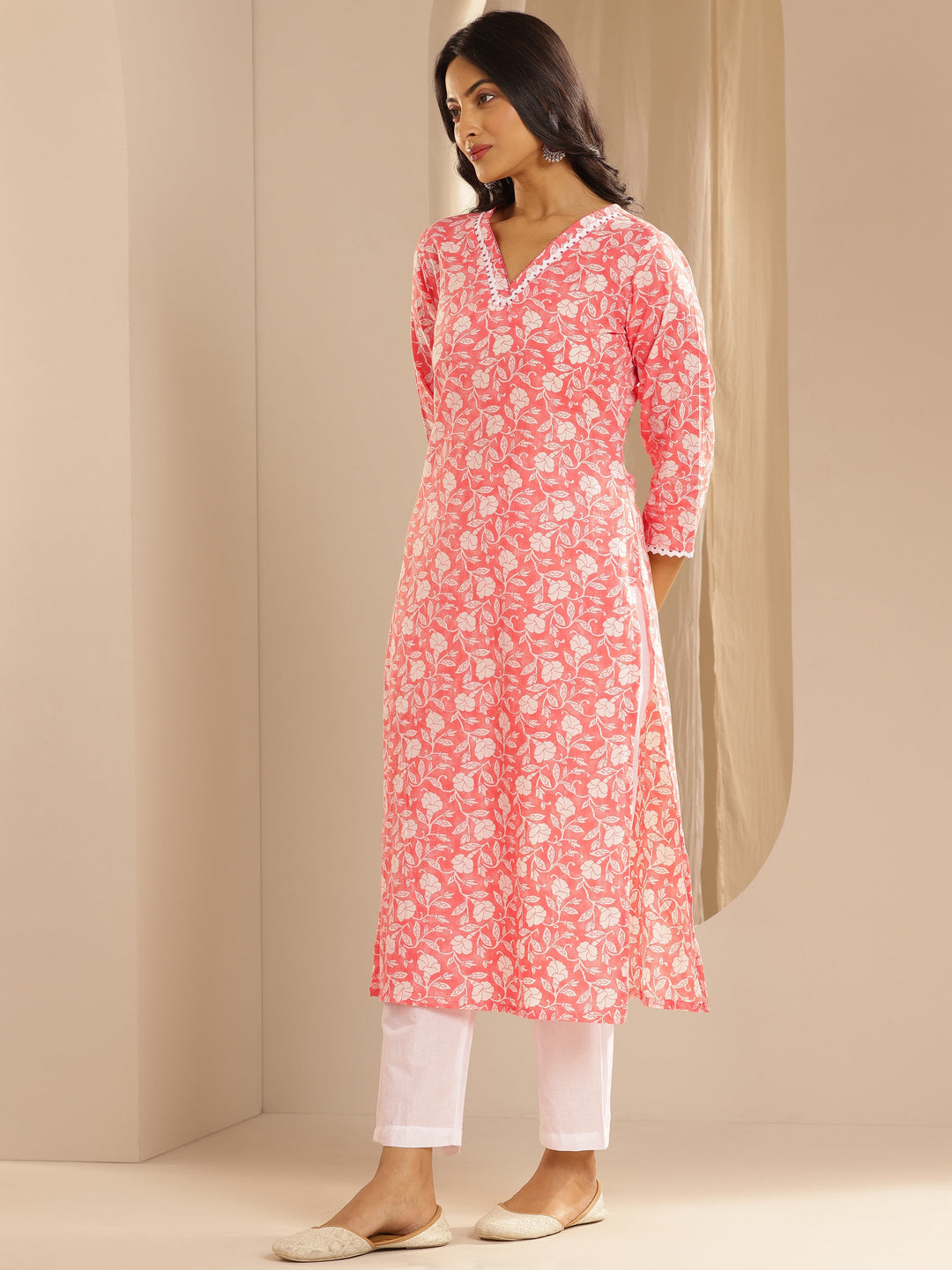Peach Printed Cotton Straight Suit Set With Dupatta
