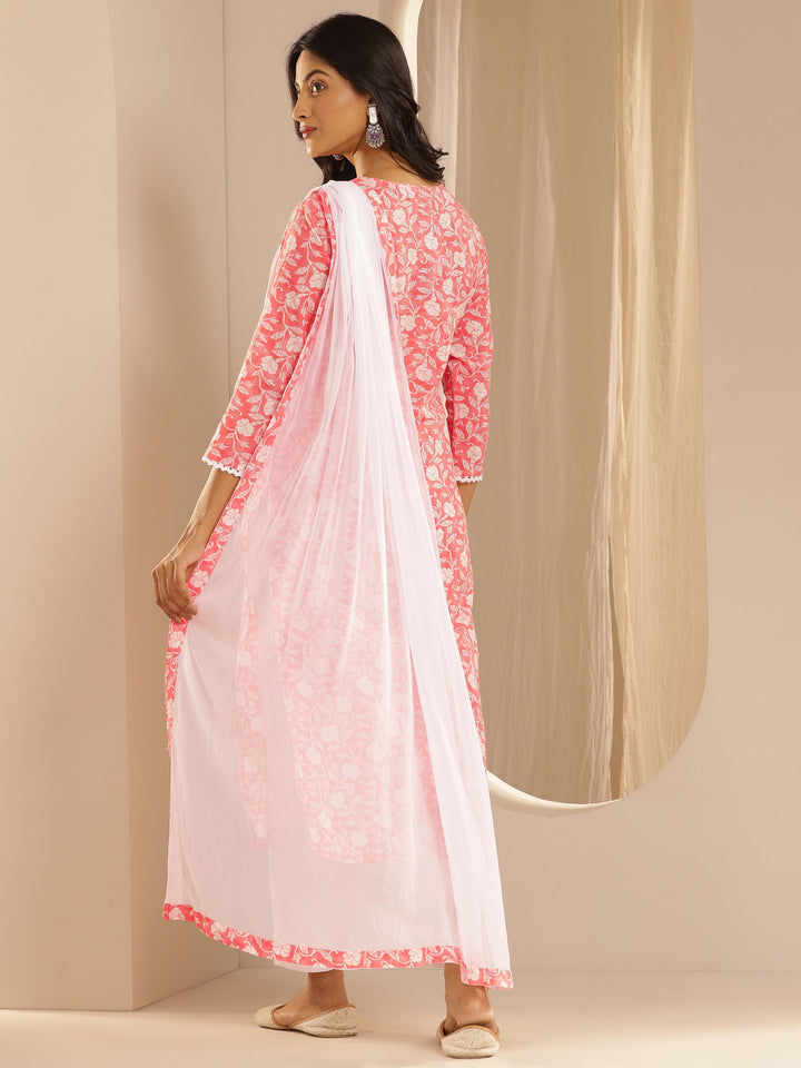 Peach Printed Cotton Straight Suit Set With Dupatta