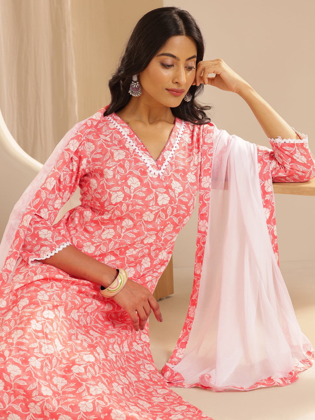 Peach Printed Cotton Straight Suit Set With Dupatta