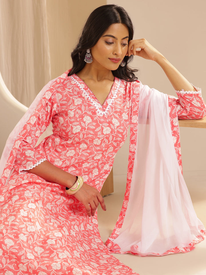 Peach Printed Cotton Straight Suit Set With Dupatta