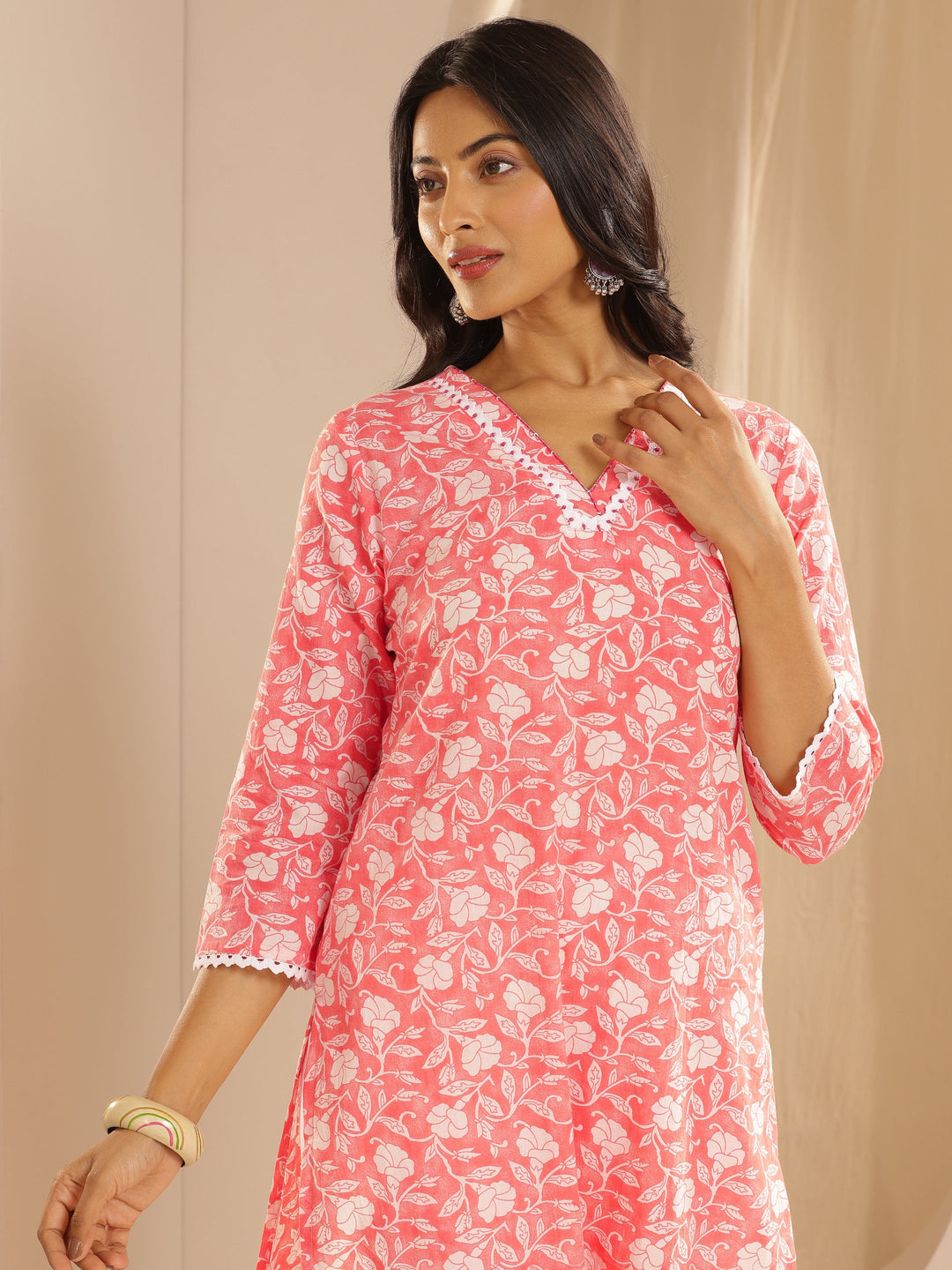 Peach Printed Cotton Straight Suit Set With Dupatta