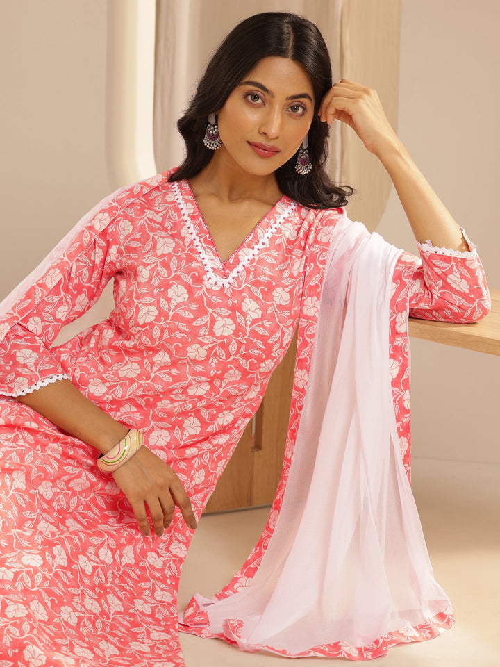 Peach Printed Cotton Straight Suit Set With Dupatta