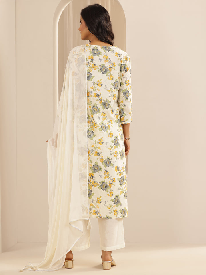 Off white Printed Cotton Straight Suit Set With Dupatta