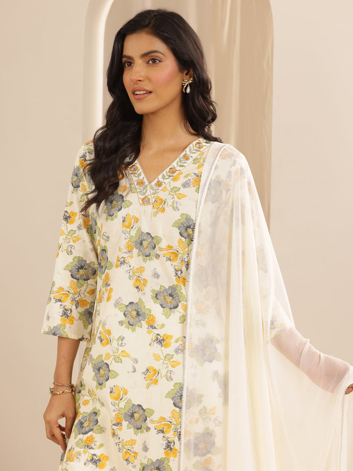 Off white Printed Cotton Straight Suit Set With Dupatta