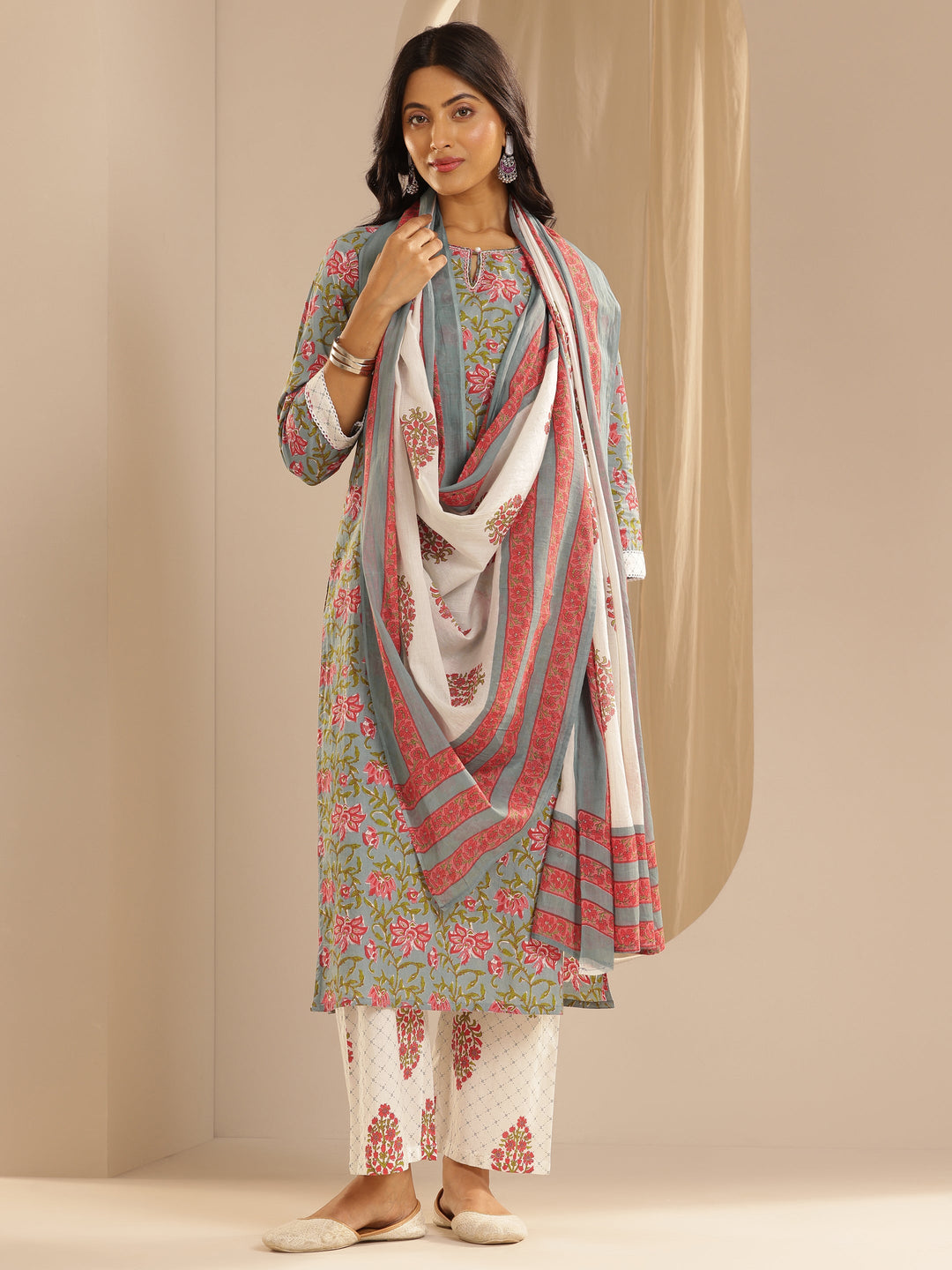 Blue Printed Cotton Straight Suit Set With Dupatta