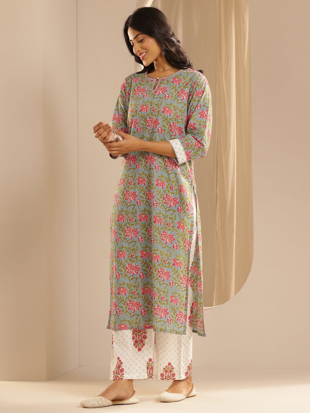 Blue Printed Cotton Straight Suit Set With Dupatta