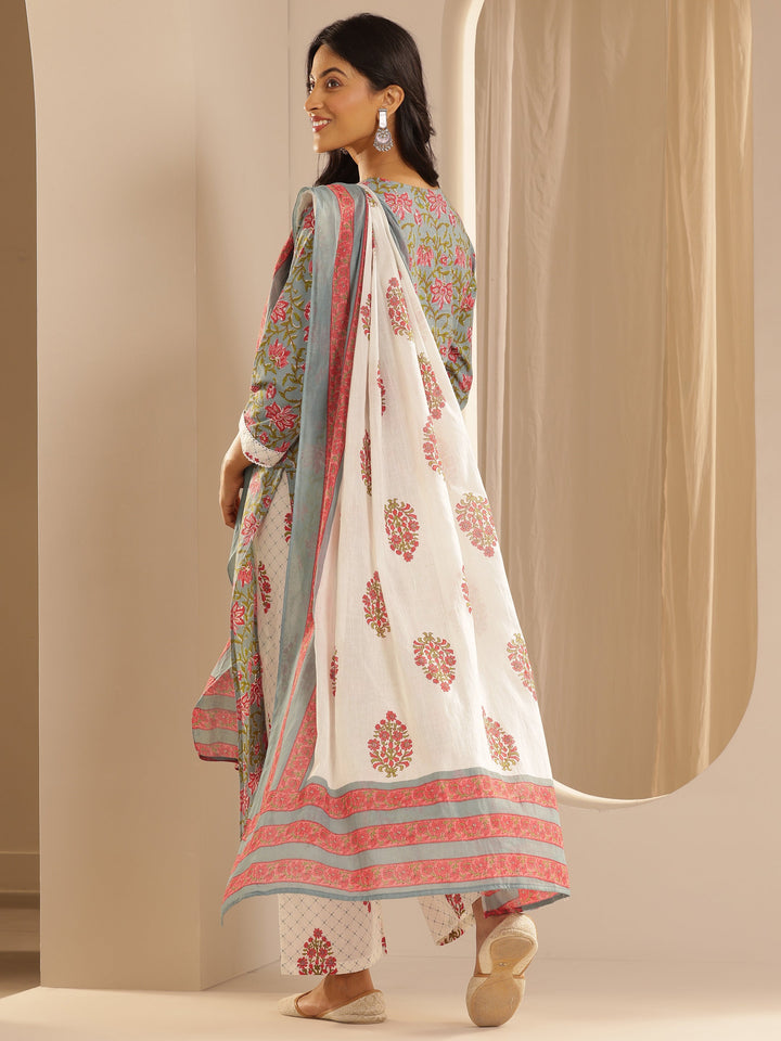 Blue Printed Cotton Straight Suit Set With Dupatta